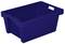 Niebieska plastikowa skrzynka o prostokątnym kształcie z uchwytami po bokach. Nadaje się do przechowywania lub transportu towarów.