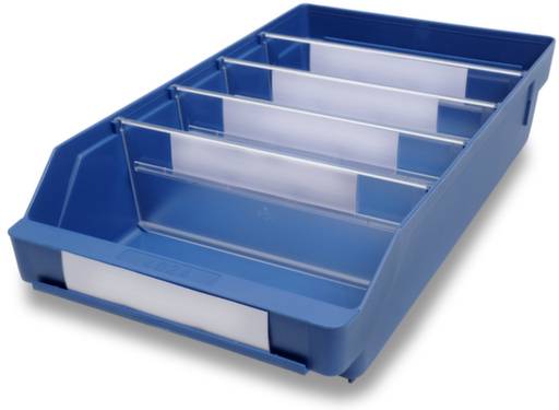 Niebieska plastikowa taca z pięcioma przegródkami do organizacji dokumentów lub przyborów. Idealna do użytku na biurku lub w szufladzie.