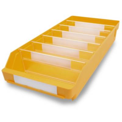 Żółty plastikowy organizator z sześcioma przezroczystymi, regulowanymi przegródkami, odpowiedni do przechowywania małych przedmiotów.