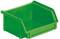 Zielona plastikowa skrzynka magazynowa z otwartą przednią ścianką, przeznaczona do przechowywania i łatwego dostępu do małych przedmiotów.
