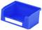 Niebieski plastikowy pojemnik z otwartą przednią ścianką, odpowiedni do przechowywania lub organizacji małych przedmiotów.