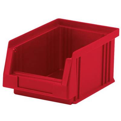 Czerwone plastikowe pudełko magazynowe z otwartą przednią ścianką, odpowiednie do przechowywania małych elementów lub materiałów.