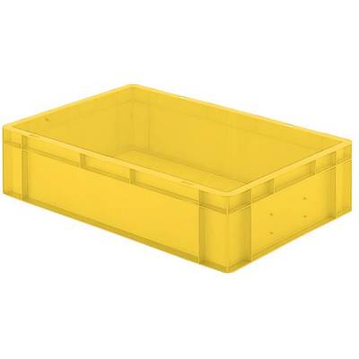 Żółte plastikowe pudełko o prostokątnym kształcie, bez pokrywy. Wydaje się być stabilne i możliwe do układania w stos, odpowiednie do przechowywania lub transportu.