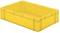 Żółte plastikowe pudełko o prostokątnym kształcie, bez pokrywy. Wydaje się być stabilne i możliwe do układania w stos, odpowiednie do przechowywania lub transportu.