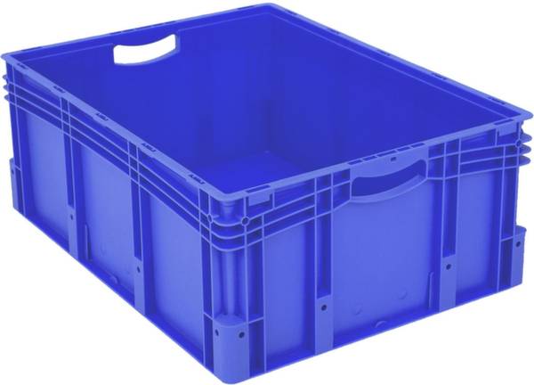 Niebieska plastikowa skrzynka z uchwytami, pusta, prostokątna. Odpowiednia do przechowywania i transportu.