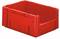 Czerwony, prostokątny pojemnik z tworzywa sztucznego, pusty i otwarty, idealny do przechowywania lub transportu towarów.