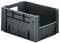Pusta, prostokątna plastikowa skrzynka z uchwytami po bokach, odpowiednia do przechowywania lub transportu.