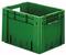 Zielona plastikowa skrzynka z otwartymi uchwytami po bokach, używana do transportu lub przechowywania towarów.