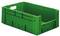 Zielona plastikowa skrzynka o otwartych bokach, prostokątna, możliwa do штабелування.