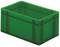 Zielona plastikowa skrzynka prostokątna, o gładkich ścianach i zaokrąglonych narożnikach, na białym tle.