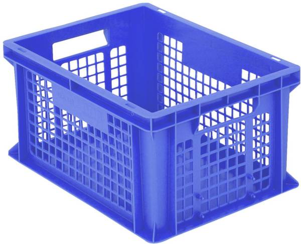 Niebieska plastikowa skrzynka z ażurowymi bokami i uchwytami, idealna do przechowywania i transportu.