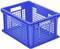 Niebieska plastikowa skrzynka z ażurowymi bokami i uchwytami, idealna do przechowywania i transportu.
