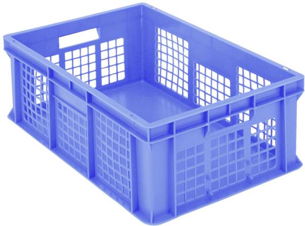 Pusta niebieska plastikowa skrzynia z wzorem kratki, odpowiednia do przechowywania i transportu.