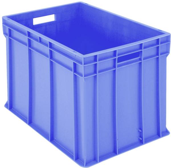 Niebieska plastikowa skrzynka z otwartymi uchwytami po bokach, odpowiednia do przechowywania lub transportu przedmiotów w środowisku przemysłowym.