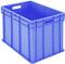 Niebieska plastikowa skrzynka z otwartymi uchwytami po bokach, odpowiednia do przechowywania lub transportu przedmiotów w środowisku przemysłowym.