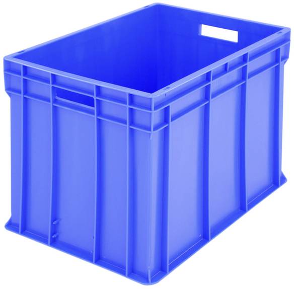 Duża, prostokątna niebieska skrzynka plastikowa z żebrowanymi bokami i otwartymi uchwytami na krótkich końcach.