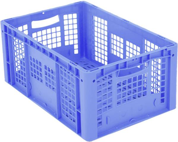Niebieski, składany pojemnik z tworzywa sztucznego o wzorze kratowym, odpowiedni do przechowywania.