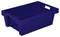 Niebieski pojemnik z tworzywa sztucznego o prostokątnym kształcie z otworami uchwytnymi po bokach. Odpowiedni do transportu lub przechowywania przedmiotów.