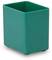 Prosty, zielony, prostokątny kubek z tworzywa sztucznego stojący na białej powierzchni.
