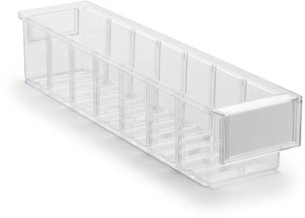 Przezroczyste, prostokątne pudełko z tworzywa sztucznego z wieloma przegródkami, odpowiednie do organizacji małych przedmiotów.