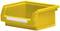 Żółte, prostokątne pudełko magazynowe z tworzywa sztucznego z otwartym wejściem z przodu, przeznaczone do przechowywania drobnych elementów.