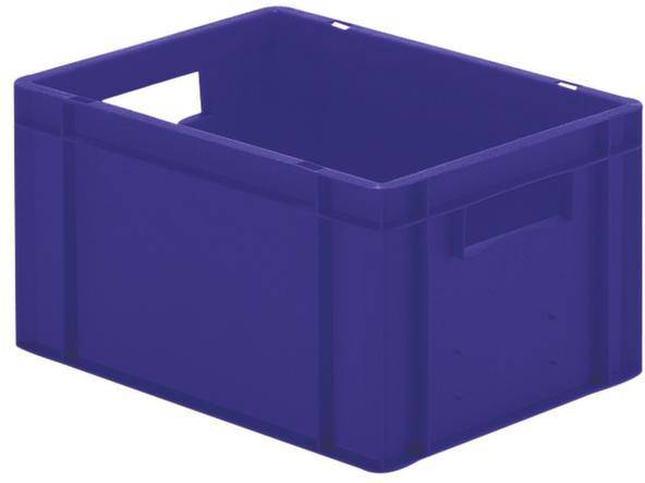 Pusta, ciemnoniebieska plastikowa skrzynka o prostokątnym kształcie z uchwytami po bokach.