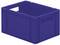 Pusta, ciemnoniebieska plastikowa skrzynka o prostokątnym kształcie z uchwytami po bokach.