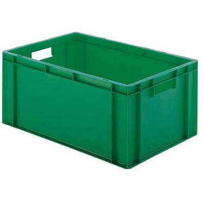 Zielona plastikowa skrzynka z otwartymi uchwytami po bokach, odpowiednia do magazynowania lub transportu towarów.