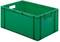 Zielona plastikowa skrzynka z otwartymi uchwytami po bokach, odpowiednia do magazynowania lub transportu towarów.