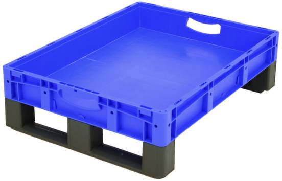 Niebieska paleta z tworzywa sztucznego z szarymi stopkami, o prostokątnym kształcie, z uchwytami bocznymi, nadająca się do układania i magazynowania towarów.