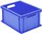 Niebieska plastikowa skrzynka z uchwytami po bokach, odpowiednia do transportu lub przechowywania towarów.