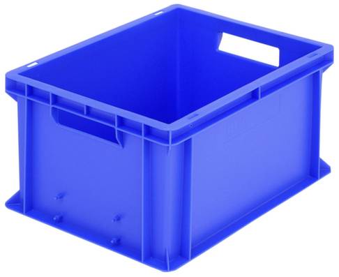 Niebieska, prostokątna plastikowa skrzynia z otwartymi uchwytami po bokach, odpowiednia do przechowywania lub transportu przedmiotów.