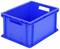 Niebieska, prostokątna plastikowa skrzynia z otwartymi uchwytami po bokach, odpowiednia do przechowywania lub transportu przedmiotów.