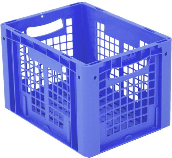 Niebieska skrzynka plastikowa z wzorem kratowym i uchwytami po obu stronach, odpowiednia do transportu lub przechowywania towarów.