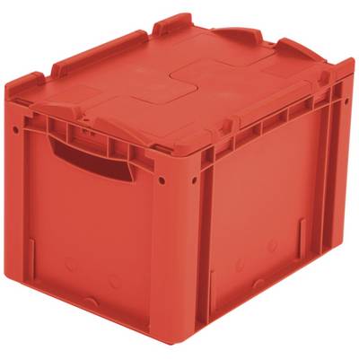 Czerwony plastikowy pojemnik z pokrywką i uchwytami po bokach, odpowiedni do przechowywania i transportu.