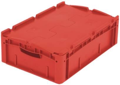 Czerwona plastikowa skrzynka z pokrywą, prostokątny kształt, z krawędzią do штабелирования, nadająca się do magazynowania lub transportu.