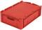 Czerwona plastikowa skrzynka z pokrywą, prostokątny kształt, z krawędzią do штабелирования, nadająca się do magazynowania lub transportu.