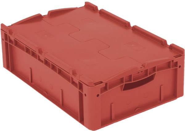 Czerwony plastikowy pojemnik z pokrywką, możliwy do sztaplowania, odpowiedni do magazynowania i transportu.