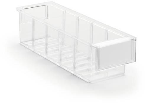 Przezroczyste, prostokątne pudełko do przechowywania z wieloma przegródkami. Idealne do organizacji małych przedmiotów.