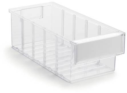 Przezroczysty plastikowy pojemnik o prostokątnym kształcie z podzielonymi przegródkami. Idealny do przechowywania drobnych przedmiotów.