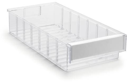 Przezroczysta plastikowa szuflada z przegródkami do przechowywania. Idealna do organizacji w szafkach lub na półkach.