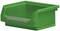 Zielona plastikowa skrzynka z otwartą pokrywą i wgłębieniem na uchwyt, odpowiednia do przechowywania małych przedmiotów.