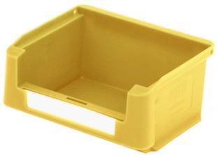 Żółty pojemnik z tworzywa sztucznego z otwartą przednią częścią i uchwytami po bokach, odpowiedni do przechowywania lub organizacji materiałów.