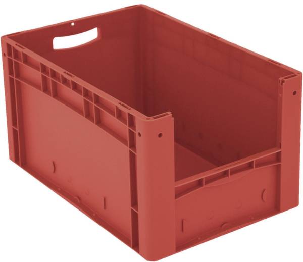 Czerwone plastikowe pudełko z uchwytami, puste i otwarte, nadające się do przechowywania i transportu przedmiotów.
