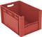 Czerwone plastikowe pudełko z uchwytami, puste i otwarte, nadające się do przechowywania i transportu przedmiotów.