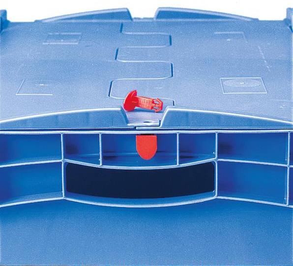 Niebieski plastikowy pojemnik z czerwonym zamknięciem bezpieczeństwa na górze.