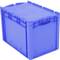 Niebieski pojemnik z tworzywa sztucznego o zamkniętej, prążkowanej powierzchni, odpowiedni do magazynowania lub transportu.