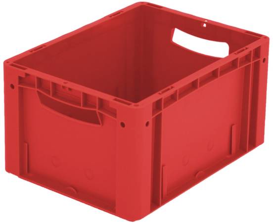 Czerwona plastikowa skrzynka z otwartymi uchwytami po bokach, odpowiednia do przechowywania i transportu.