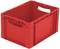 Czerwona plastikowa skrzynka z otwartymi uchwytami po bokach, odpowiednia do przechowywania i transportu.