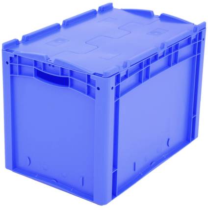 Niebieska plastikowa skrzynka z pokrywą, o prostokątnym kształcie, przydatna do przechowywania lub transportu przedmiotów.